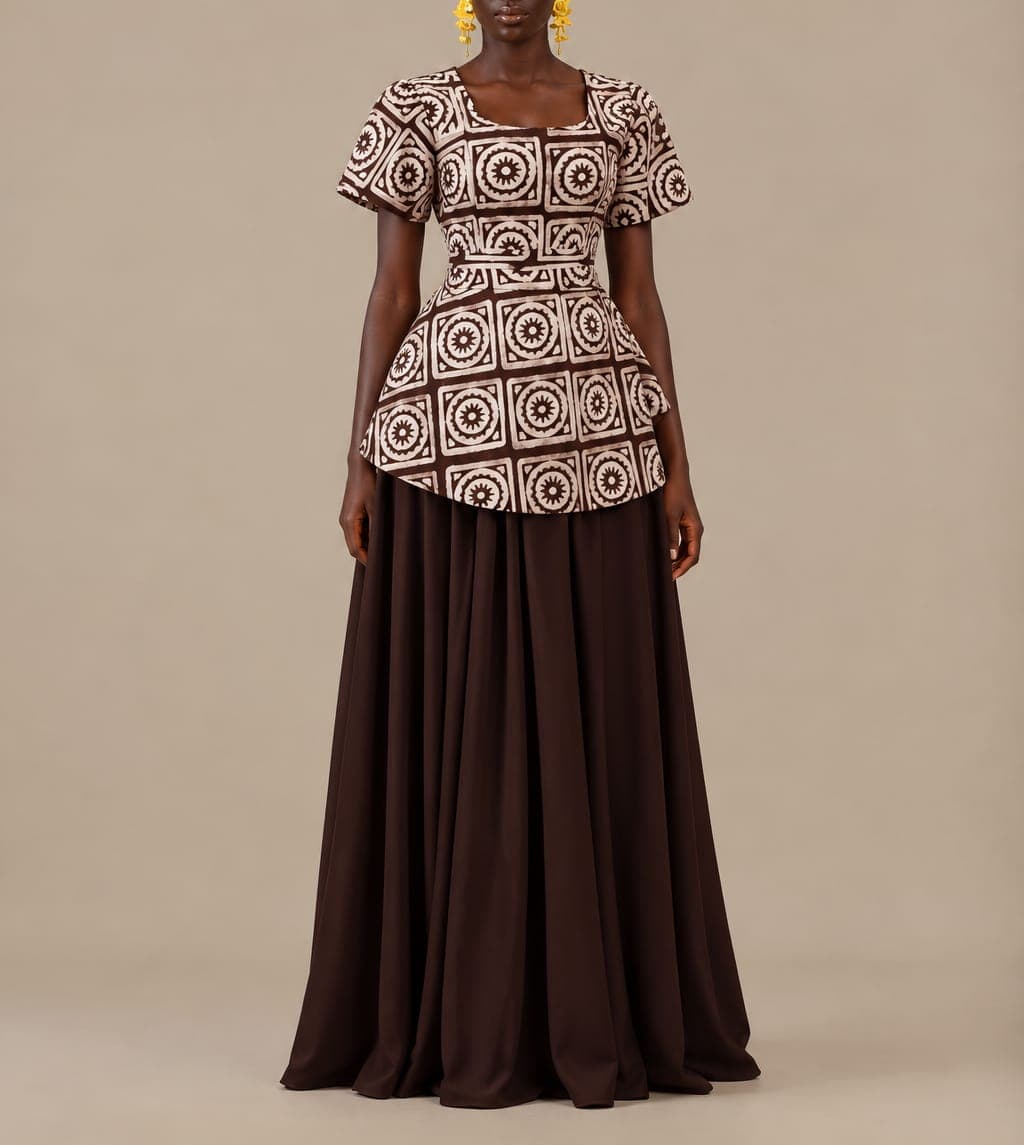 Ensemble chic en wax marron et jupe longue, vue 1