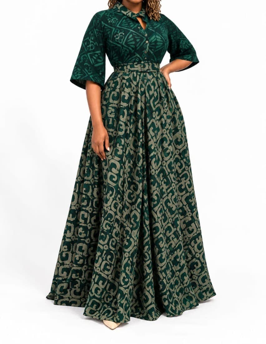 Robe longue en wax vert forêt, vue 1