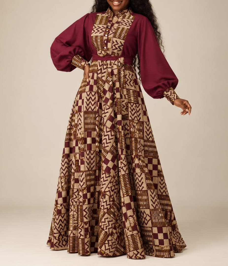 Robe longue en wax bordeaux et beige