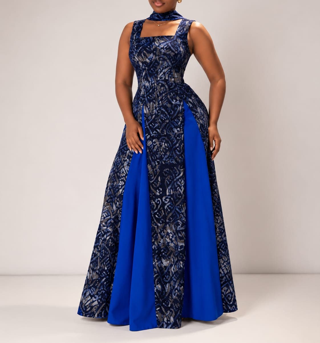 Robe longue en wax avec foulard assorti, vue 1